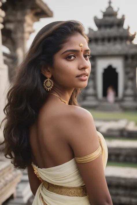 RAW photo, a portrait photo of young malayalee kerala vogue model in fashionable kerala white and gold boho style, (detailed skin:1.3), (detailed face:1.3), tanned skin, film grain, Fujifilm XT3, vogue photoshoot, (background is a dravidian stone temple at golden hour:1.2), two tone lighting, dark lighting, night, dim light, soft focus, 8k uhd, dslr, soft lighting, high quality, bokeh, backlit
