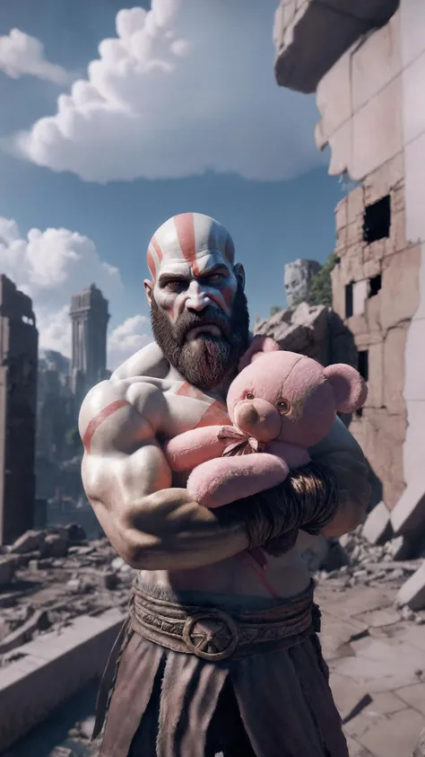 god of war, standing, hugging a pink teddy bear, against the backdrop of the (ruined city:1.1)
unreal engine
style of Artgerm
finely detail, ultra-detailed, highres