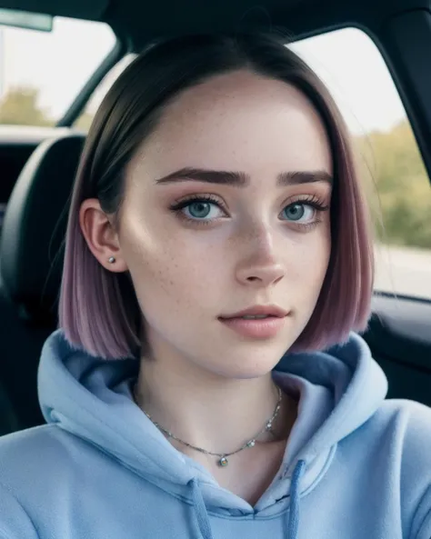 RAW photo, a 22-year-old-girl, upper body, selfie in a car, blue hoodie, (raecmbr-2650:0.9), (r4ec4mbr4:0.95), (1girl), (realistic), (photo-realistic:1.5), inside a car, driving, lipstick, freckles, (short hair), multicolor hair, necklace, (RAW photo, 8k uhd, film grain), Sharp Eyeliner, Blush Eyeshadow With Thick Eyelashes, extremely delicate and beautiful, 8k, soft lighting, high quality, highres, sharp focus, extremely detailed, during the day, (sunlight on face), beautiful detailed eyes, extremely detailed eyes and face, masterpiece, cinematic lighting, (high detailed skin:1.2), 8k uhd, dslr, soft lighting, high quality, film grain, Fujifilm XT3