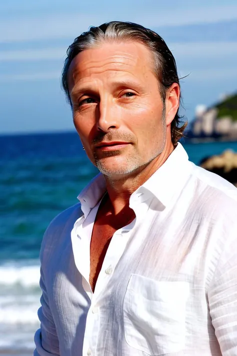 <lora:nicolajcoster:0.9> nicolajcoster a man wearing Dress shirt and chinos , tranquil beach