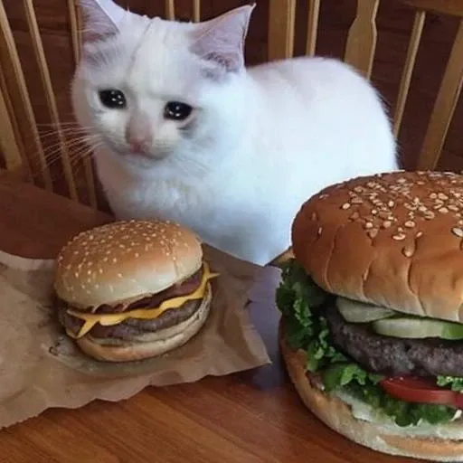 sadcatmeme sits next to the table and looks at hambueger,coke on the table, hamburger and fries on the table <lora:SadCatMeme_V10:1>, [32k|16k|best-quality], professional photo, (centered-in-frame:1.2)