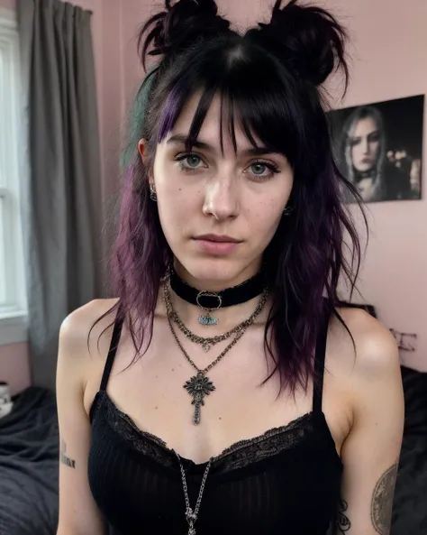 RAW photo, photograph of a Qubcoise 25 years old woman, (detailed facial features), gorgeous face, grunge style, standing in her messy bedroom, pale skin, wearing eyeliner, grainy, (high detailed skin:1.2), pastel goth, scene hair, (emo girl), teased hair, wearing bracelets, wearing choker necklace, instagram, colorized, ((detailed face)), selfie