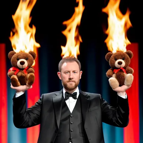 burning teddy bear with high flames, top of teddy bear blackened and charred, (tops of teddy bears are charred black)