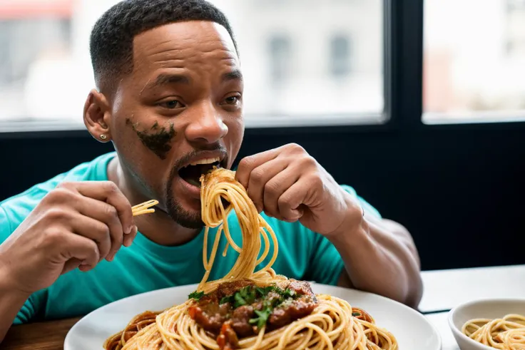 RAW photo, will smith eating spaghetti at extremely high speeds, super fast, speed blur, 8k uhd, dslr, soft lighting, high quality, film grain, Fujifilm XT3