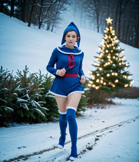 (dark theme:1), clopseup of a christmas elf wearing blue santa outfit, a wintery scenario, (running towards viewer:1.25), realistic, 8k uhd, high quality