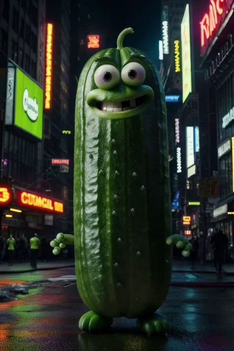 raw, 8k, hdr real photo of the hilarious comical movie character Larry the cucumber sets off for college, best quality, cyberpunk New York, rave lighting, global illumination, dynamic shadows