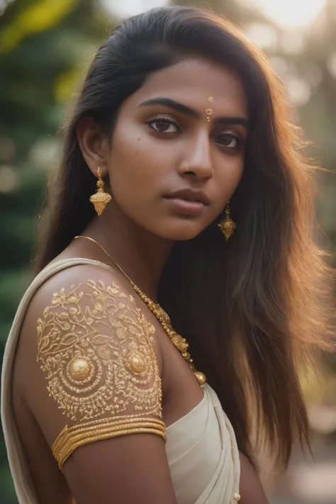 RAW photo, a portrait photo of young malayalee kerala vogue model in fashionable kerala white and gold boho style, (detailed skin:1.3), (detailed face:1.3), tanned skin, film grain, Fujifilm XT3, vogue photoshoot, (background is park at golden hour:1.2), two tone lighting, dark lighting, night, dim light, soft focus, 8k uhd, dslr, soft lighting, high quality, bokeh, backlit
