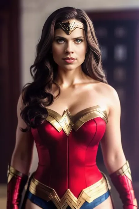 photo of HayleyAtwell2, half shot, hyper realistic photograph, detailed face, film grain, Kodak portra 800, f1.8, wonder woman costume