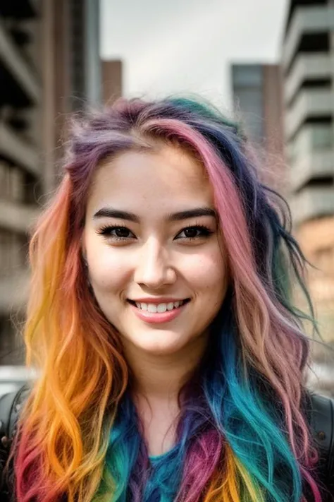 portrait of a rainbow-haired woman standing in a post apocalyptic cityscape