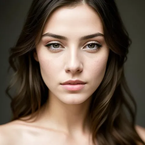 RAW, analog style, A stunning portrait of a young, beautiful woman with striking features. She should have long, flowing hair, a captivating gaze, and an alluring expression. The background should be neutral and simple, allowing the woman to be the image's focal point. Please pay close attention to the details, such as the highlights and shadows on her face and hair, to create a lifelike and realistic image. Experiment with different lighting techniques to enhance the mood and atmosphere of the portrait. The final product should be a masterpiece that captures the essence and beauty of the woman, ((highly detailed skin, skin details)), sharp focus, volumetric fog, 8k UHD, DSLR, high quality, film grain, Fujifilm XT3