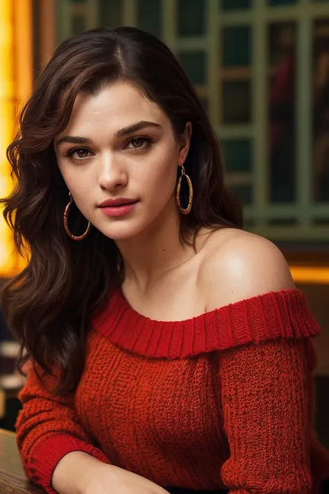 photo of seductive (rw31sz:0.99), a woman as a sexy student, closeup portrait, (elegant sweater off-shoulder with a strap), at an (80s style) cantina sitting bar, (masterpiece:1.5) (photorealistic:1.1) (bokeh) (best quality) (detailed skin texture pores hairs:1.1) (intricate) (8k) (HDR) (wallpaper) (cinematic lighting) (sharp focus), eyeliner, painted lips, (earrings), (vivid atmosphere)