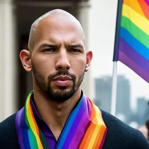 andrew tate, serious face, carrying a (LGBT flag:1.2), 8k uhd, dslr, high quality, film grain,