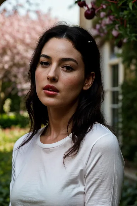 photo of seductive (mbe11ucci:0.99), a woman as a sexy housewife, ((closeup portrait:1.2)), (tight t-shirt:1.1), in a (garden with a house in the background), (long trousers), (masterpiece:1.5) (photorealistic:1.1) (bokeh) (best quality) (detailed skin texture pores hairs:1.2) (intricate) (8k) (HDR) (wallpaper) (cinematic lighting) (sharp focus), (vivid atmosphere), (face focus), (cherry trees), (red lips)
