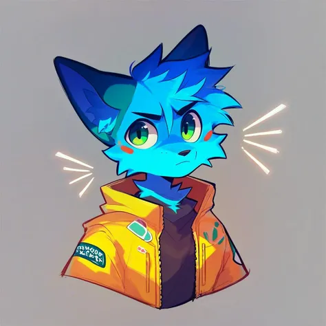score_9, score_8_up, score_7_up, mikus-zestylemonss, blue fox, sticker style, fox ears, 1boy, two-tone fur, solo, furry male, green eyes, blue fur, yellow jacket,