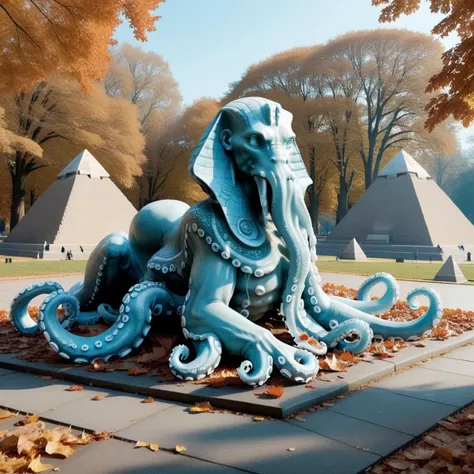 <lora:Ice:1>ice,statue,best quality,masterpiece,4k,park,fallen leaves,octopus,sphinx, pyramid,