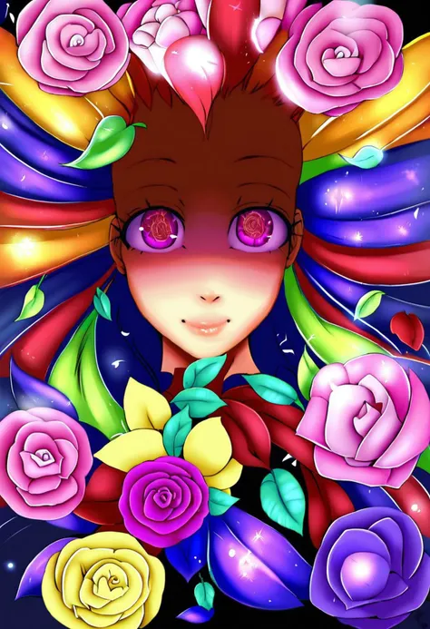 masterpiece, 8k, HDR, best quality, (highly detailed skin), photography, analog style, real life, extremely beautiful, (highly detailed, intricately detailed), (alluring eyes), A rose with rainbow-colored petals, standing alone on a green stem with leaves on either side, dew drops, flower, no humans, leaf, still life, black background, surrounded by a whirlwind of cyan and pink light highly, (composed of broken mirror shards, each shard reflecting colorful objects around it)