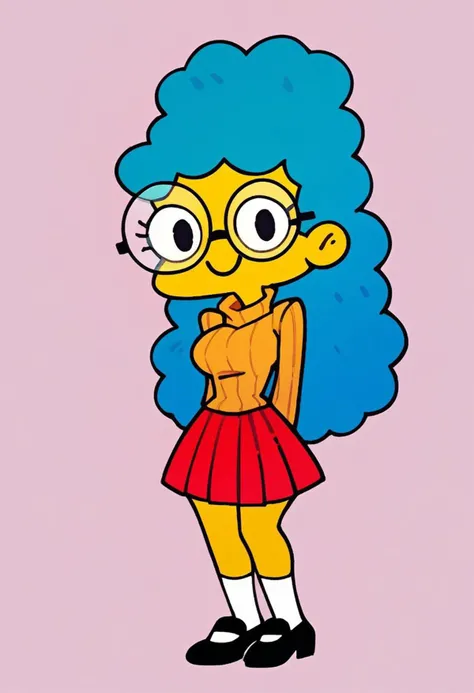 score_8_up. score_7_up, score_9, score_6_up, solo, flat shading, simple colors, (2d), 
1girl, yellow skin, blue hair, long hair, marge simpson, large breasts, small waist, wide hips, large ass, smile, looking at viewer, mob face,
standing,
orange turtleneck sweater, ribbed sweater, round glasses, red skirt, pleated skirt, short skirt, knee socks, mary jane shoes, black shoes