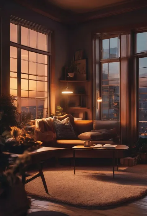 full body, A nighttime scene with a dark sky, ( photorealistic:1.9), window, Inside a windows, a girl ( very sexy in lingerie ) is sitting on a cozy sofa, clearly visible in close-up detail. She is absorbed in her activities, such as reading a book or watching a movie, completely unaware of being observed. The interior lights are warm and inviting, casting a soft glow that contrasts with the dark, quiet night outside, 35mm photograph, film, professional, 4k, highly detailed, Golden hour lighting. Depth of field F2. Rule of Thirds Composition.