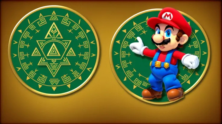 Super Mario style epic photo of one man holding a small triangle shaped emerald tablet covered with ancient symbols Aztec Myan hieroglyphics . Vibrant, cute, cartoony, fantasy, playful, reminiscent of Super Mario series