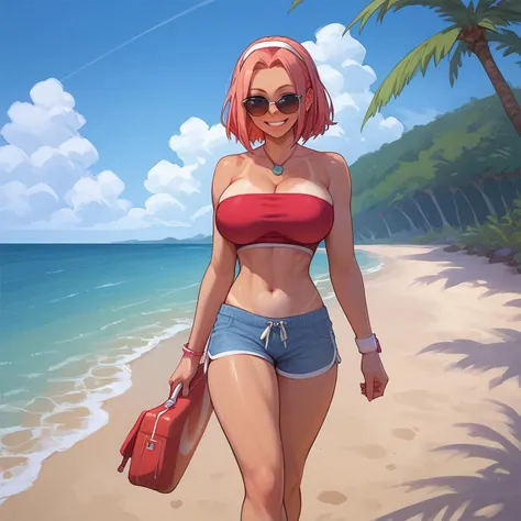score_9, score_8_up, score_8, rating_explicit, 1girl, haruno_sakura, solo, beach, tanlines, smiling, wearing tube top and shorts, walking, long hair, sunglasses,