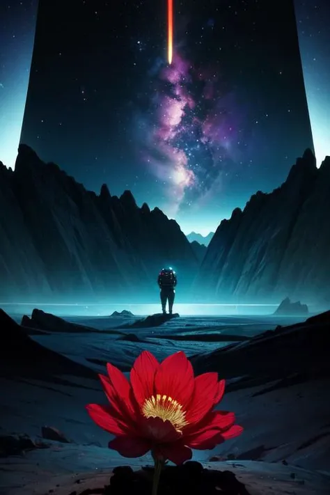 (masterpiece:1.2), (photo of a lone futursitic entity, their spacesuit reflecting the nebulae and distant galaxies, on the edge of a crater on a desolate moon, A lone flower, a vibrant splash of color against the grey landscape grows from a crack in the rock:1.1), (art by Karel Thole:1.4), (close-up shot:1.1), (hyperdetailed:1.1), (intricate details:1.0), (Refined details:1.1), (best quality:1.1), (high resolution:1.2)