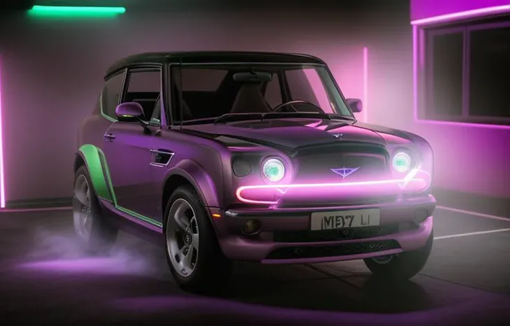 neonpunk style showroom light, out door, on the cliff, masterpiece, surreal, On the steep cliff, covered with fog,
Modern, futuristic, aggressive cars, bright contrasting colors, strong blocks, ((unique custom car))
novelty, fantasy, ((neon light)), combination of Aston Martin and Bentley car styles, . cyberpunk, vaporwave, neon, vibes, vibrant, stunningly beautiful, crisp, detailed, sleek, ultramodern, magenta highlights, dark purple shadows, high contrast, cinematic, ultra detailed, intricate, professional