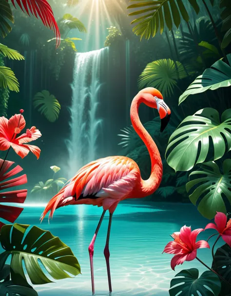 Wide angle digital illustration, (Vibrant flamingo standing in turquoise water:1.3), Central composition, Immersed mid-leg, (Bright pink plumage with red and white hues:1.2), Holding a silver fish in its beak, Dynamic water splashes, (Majestic waterfall background:1.2), Cascading water spanning the full width, (Gentle mist at the base:1.2), Sun rays filtering through dense jungle trees, (Lush tropical foliage:1.3), Green monstera leaves, Palm fronds, (Hanging vines:1.2), Bright red flowers on the left, Soft yet bright lighting, Sunny tropical moment, Natural shadow play, Enhanced contrasts, Rich color palette.Masterpiece,best quality,hi res,8k,hi res,8k,award winning,(sharp focus, intricate, highly detailed),
