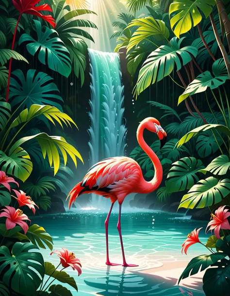 Wide angle digital illustration, (Vibrant flamingo standing in turquoise water:1.3), Central composition, Immersed mid-leg, (Bright pink plumage with red and white hues:1.2), Holding a silver fish in its beak, Dynamic water splashes, (Majestic waterfall background:1.2), Cascading water spanning the full width, (Gentle mist at the base:1.2), Sun rays filtering through dense jungle trees, (Lush tropical foliage:1.3), Green monstera leaves, Palm fronds, (Hanging vines:1.2), Bright red flowers on the left, Soft yet bright lighting, Sunny tropical moment, Natural shadow play, Enhanced contrasts, Rich color palette.Masterpiece,best quality,hi res,8k,hi res,8k,award winning,(sharp focus, intricate, highly detailed),