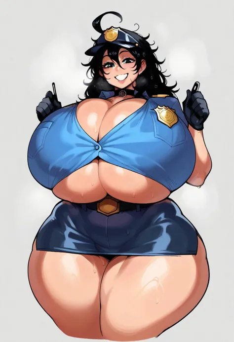 score_9,score_8_up,score_7_up,score_6_up,score_5_up,score_4_up,score_anime,solo, ahoge, (gigantic breasts),very messy hair, policewoman, police uniform, tight, cowboy shot, smile, black hair, long hair, undersized shirt, underboob, very short skirt, krekkov, Venus body, huge_hips,thick thighs, cleavage, from below,looking down,