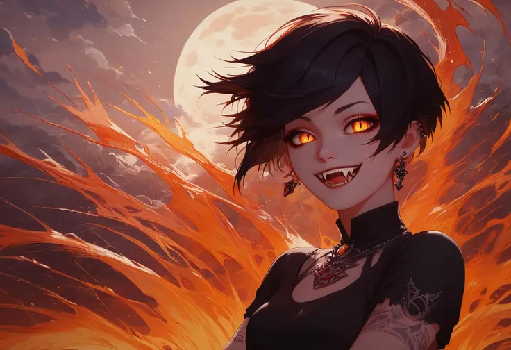 score_9, score_8_up, score_7_up, emotive strokes, surreal images, unreal eginer 5, higher resolution textures, 4k graphic resolution, dimly lit, high detailed shading, video games, 1girl, pretty GIRL with short hair, Cut Hairstyles, evil smile on her face, Black hair, orange eyes, Piercing, night city background, black shirt, looking at viewer, vampire fangs