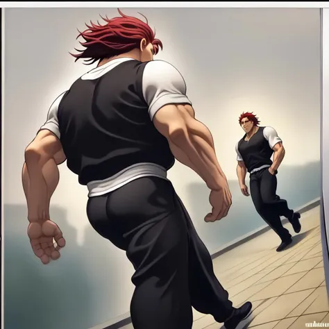 score_9, score_8_up, score_7_up, ApproachingMeMeme, dutch angle, walking, 2boys, BREAK YujiroHanma, black shirt,muscular male, black pants,short sleeves,pupils, brown eyes,black footwear, red hair, manly, veins, BREAK shrek, green skin