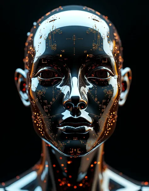 Cyborg portrait, smooth faceless face, integrated circuit relief, glass areas, lets, copper inlays, barcode, , fluorescent numbers, polished steel, chrome, shiny, detailed hyperrealism, 4K, black background,