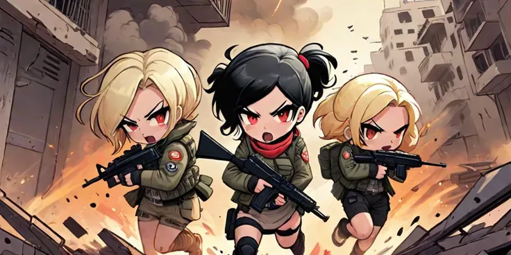 2d illustration, funny drawing, of two mad girls, one dark hair, one blond hair; SD, CHIBI, Two fierce female mercenaries, Ada and Vesper, in an intense action scene. Ada, with short blond hair and tactical gear, is firing an assault rifle her expression focused and determined. Vesper an asia girl, with short black hair tied back and wearing a military jacket, weaving through the chaotic streets of Beirut. The background shows explosions and soldiers in pursuit, helicopter, with the cityscape partially engulfed in smoke and debris. The overall style should be dynamic, with exaggerated, almost comic-book-like features, capturing the chaotic and humorous nature of their escape. This prompt captures the intense and slightly over-the-top vibe of Ada and Vesper's adventure, with an emphasis on action and humor.