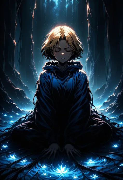(graphic novel style, dark novel style, 2d:1.5),(anime), (masterpiece:1.4), (colourful, soft cinematic light:1.1), incredibly lifelike, Extremely high-resolution details, 8k, best quality,extremely detailed, contrast, 
tree, cave, deep cave, 
 roots, large roots,
(absolute dark), darkness, dark atmosphere,  
<lora:Upside-down & Sideway Lie:1>,
(woman), (((hands on the ground spread out to the sides, feet on the ground spread out to the sides,)))
open mouth, blue aura, ((aura glow)), 
(((fullbody))),  inside,  ((woman lying)),
((woman in Blue oversized hoodie and black Elastic shorts and black hiking boots)) (((lying on her back))),  [Nordic], Hourglass elongated fitness body, perfect Olive skin, Oval Face, Long neck, Rounded shoulders, perfect hand, round forehead, ((Short blonde Waves pixie hair)), snub nose, Arched eyebrows, ((closed Eyes)), High Round Narrow cheekbones, Dimpled Cheeks, Rounded Chin, Rounded Jawline, Fine Puppet Wrinkles, Full nude Lips, (closed eyes), Nude Makeup Look, long eyelashes,