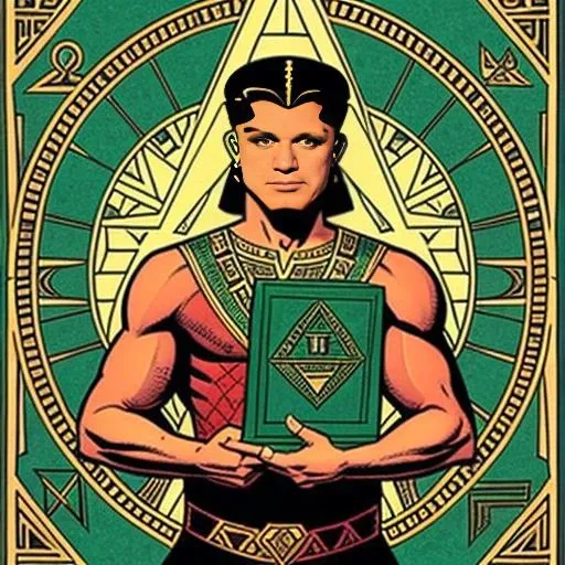 comic epic photo of a man holding a small  triangle shaped emerald tablet covered with ancient symbols Aztec Myan hieroglyphics . graphic illustration, comic art, graphic novel art, vibrant, highly detailed