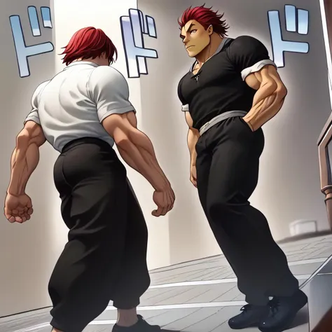 score_9, score_8_up, score_7_up, ApproachingMeMeme, dutch angle, walking, 2boys, BREAK YujiroHanma, black shirt,muscular male, black pants,short sleeves,pupils, brown eyes,black footwear, red hair, manly, veins, BREAK shrek, green skin