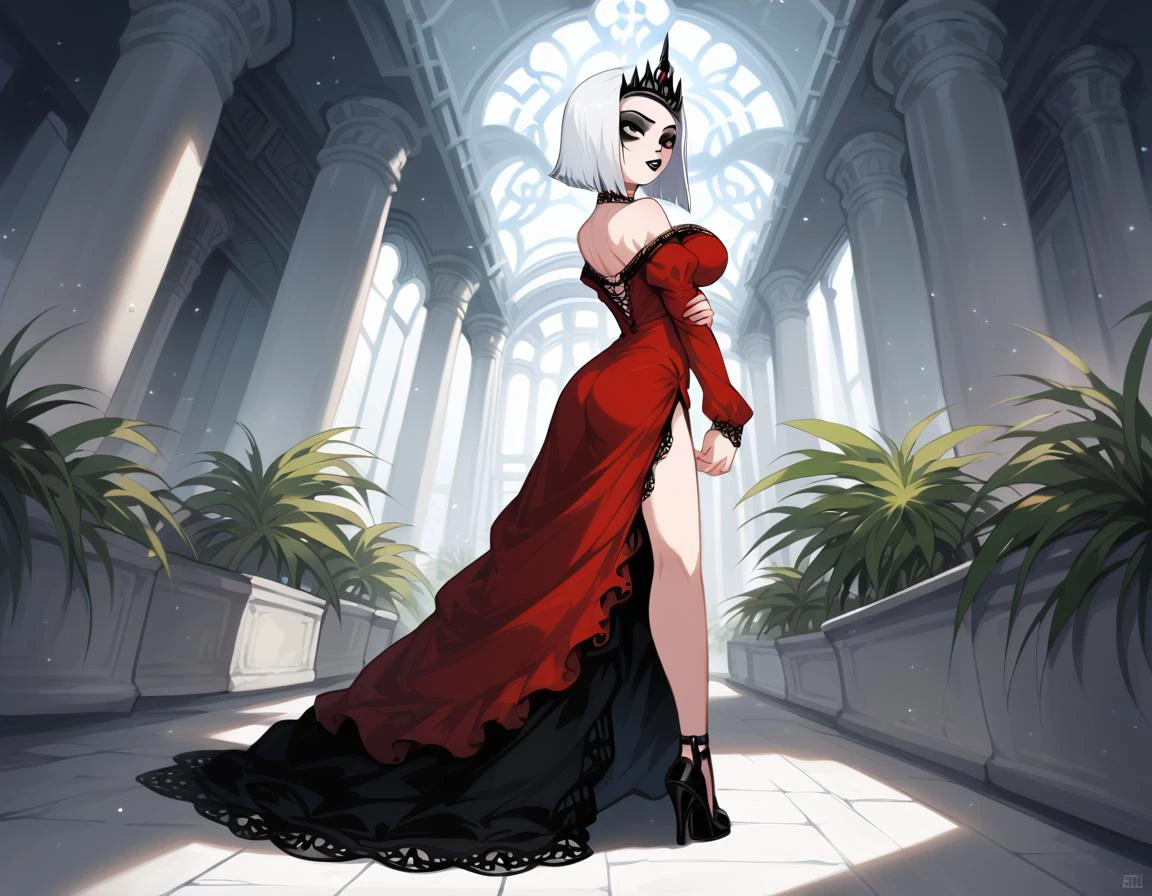 (score_9,score_8_up,score_7_up:1), 1girl, full body, dutch angle, no lighting, happy, (goth, (black lipstick, black mascara, black eyeshadow)), (skinny), white hair black highlights, bombshell hairstyle, choker, eyeshadow)), (etherial soft skin), large breasts,<lora:breasts++-PD-round-1.0:1> round breasts , (crawling), tropical city balcony, ( bare shoulders, black/red dress, off-shoulder dress, lace dress, long sleeves, tiara, crown), <lora:Lunas-JLullaby-SDXL-A3:1> jlullaby