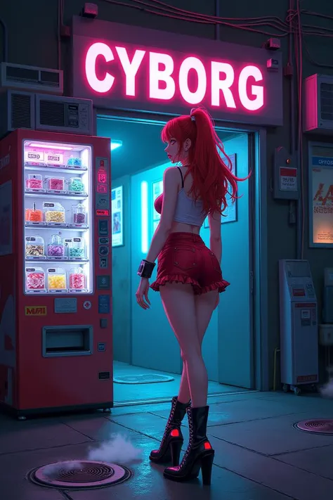 1girl,niji, WAIFU,nami, red hair,wide hips, cyberpunk goth girl outfit, HOT PANTS SHORTS, crop top with "HOT", NEON ACCENTS,dynamic pose, standing,futuristic vending machine , waiting outside the entrance to a futuristic NIGHT club called "CYBORG",electrical cables, air con units, night, facing viewer,down town back street alley, steam rising from man-hole covers, fantasy art
