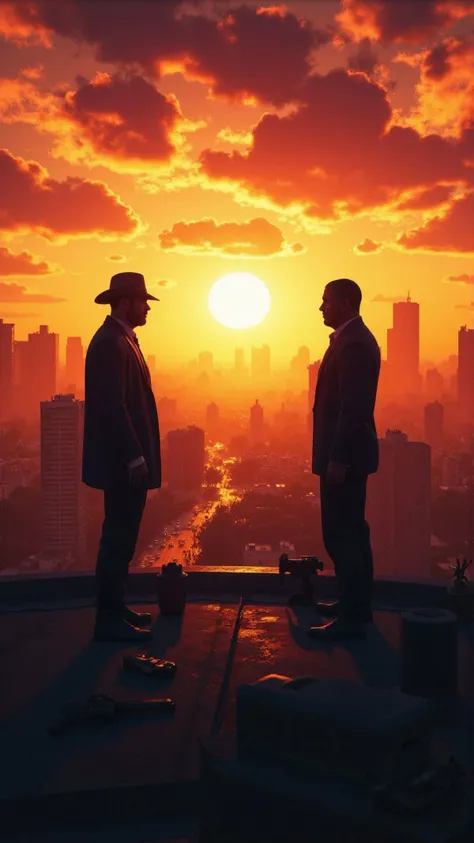A rooftop showdown at sunset, where two rival gang leaders face off in a final battle. The sun casts long shadows over the city as both men stand ready, surrounded by their loyal crew.
,<lora:aidmaGTA6:1> aidmagta6,
<lora:ImageUpgraderV2:0.35> ,detailmaximizer,
<lora:aidmaMJ6.1-FLUX-V0.1:0.55>,midjourneyv6.1