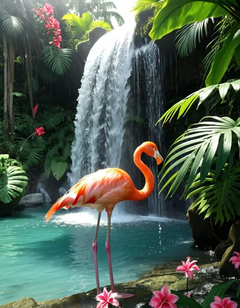Wide angle digital illustration, (Vibrant flamingo standing in turquoise water:1.3), Central composition, Immersed mid-leg, (Bright pink plumage with red and white hues:1.2), Holding a silver fish in its beak, Dynamic water splashes, (Majestic waterfall background:1.2), Cascading water spanning the full width, (Gentle mist at the base:1.2), Sun rays filtering through dense jungle trees, (Lush tropical foliage:1.3), Green monstera leaves, Palm fronds, (Hanging vines:1.2), Bright red flowers on the left, Soft yet bright lighting, Sunny tropical moment, Natural shadow play, Enhanced contrasts, Rich color palette.Masterpiece,best quality,hi res,8k,hi res,8k,award winning,(sharp focus, intricate, highly detailed),
