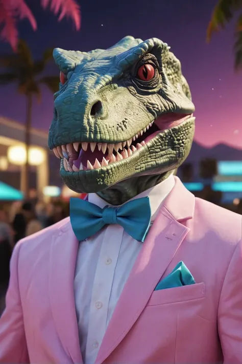 LoFi album cover aesthetics, dinosaur at prom wearing a bow tie, vaporwave, anime style, 8k, high definition