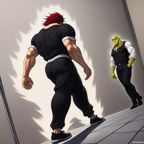 score_9, score_8_up, score_7_up, ApproachingMeMeme, dutch angle, walking, 2boys, BREAK YujiroHanma, black shirt,muscular male, black pants,short sleeves,pupils, brown eyes,black footwear, red hair, manly, veins, BREAK shrek, green skin