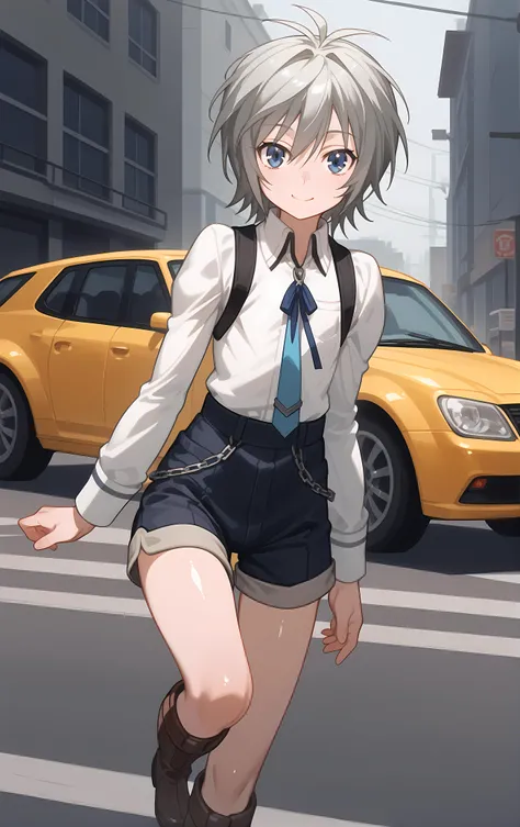 (score_9, score_8_up, score_7_up), looking at viewer, smile, closed mouth, shiny skin,
ohwx, solo, 1boy, male_focus, blue_eyes, grey_hair, white_hair, short_hair,
androgynous, aged_down, boots, chain, long_sleeves, necktie, ribbon, school_uniform, shirt, shorts, skirt, suspenders, white_shirt,
lunar base, Posing as if hailing a taxi,
<lora:shiina_pony_ss:1>