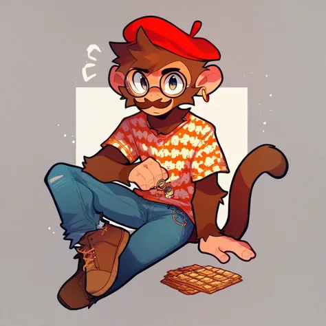 score_9, score_8_up, score_7_up, mikus-zestylemonss, solo, 1boy, brown fur, monkey, brown mustache, glasses, jeans, brown shoes, baguette, yellow earrings, red beret,