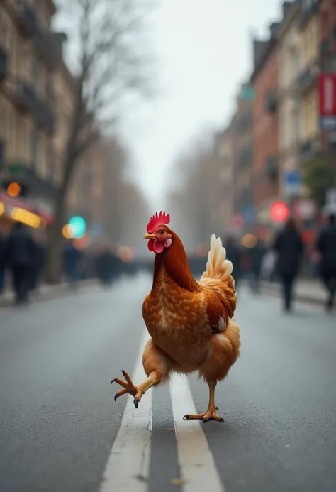 a chicken crossing a city street