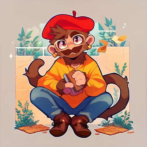 score_9, score_8_up, score_7_up, mikus-zestylemonss, solo, 1boy, brown fur, monkey, brown mustache, glasses, jeans, brown shoes, baguette, yellow earrings, red beret,