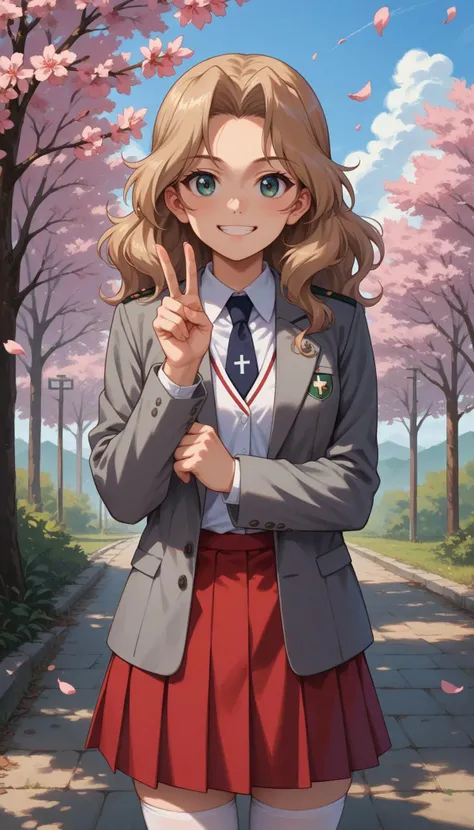 (score_9, score_8_up, score_7_up, score_6_up, score_5_up, score_4_up), , 1girl, solo, close portrait, face focus, V sign, smile, upper body,
kay \(girls und panzer\), aakay,long hair,saunders school uniform,blazer,grey jacket,long sleeves,open jacket,wing collar,white shirt,necktie,red skirt,white thighhighs,shoes,outdoors,cherry blossoms,standing,cowboy shot,smile,