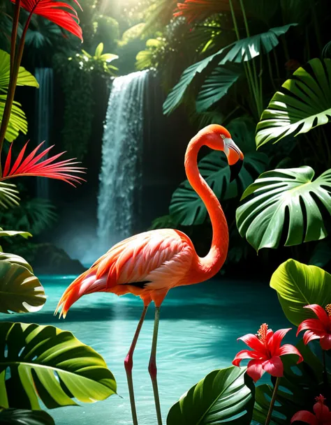 Wide angle digital illustration, (Vibrant flamingo standing in turquoise water:1.3), Central composition, Immersed mid-leg, (Bright pink plumage with red and white hues:1.2), Holding a silver fish in its beak, Dynamic water splashes, (Majestic waterfall background:1.2), Cascading water spanning the full width, (Gentle mist at the base:1.2), Sun rays filtering through dense jungle trees, (Lush tropical foliage:1.3), Green monstera leaves, Palm fronds, (Hanging vines:1.2), Bright red flowers on the left, Soft yet bright lighting, Sunny tropical moment, Natural shadow play, Enhanced contrasts, Rich color palette.Masterpiece,best quality,hi res,8k,hi res,8k,award winning,(sharp focus, intricate, highly detailed),
