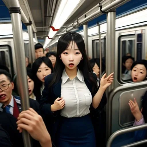 Wide angle shot, ((inside crowded train)), Korean woman wearing a micro skirt, breast, breast grab, shy