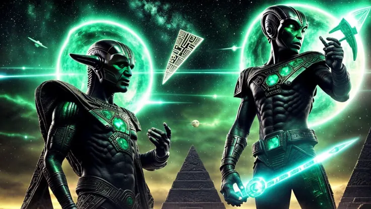 Alien-themed epic photo of one man holding a small triangle shaped emerald tablet covered with ancient symbols Aztec Myan hieroglyphics . Extraterrestrial, cosmic, otherworldly, mysterious, sci-fi, highly detailed